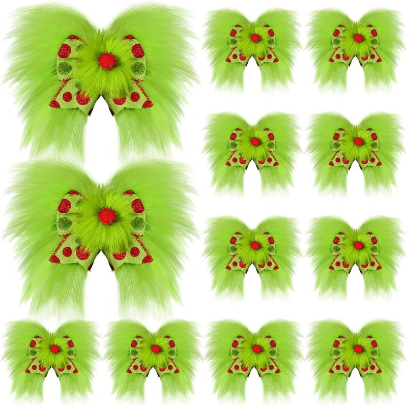 Knitgrip 12 Pcs Red Green Christmas Bows Christmas Tree Decoration Lime Green Wreaths Velvet Bow Tree Topper with Fluffy Ornaments for Xmas Party (Cute) - Image 1